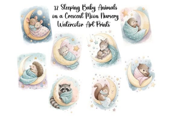 Download Sleeping Baby Animal on Crescent Moon - Baby Collection